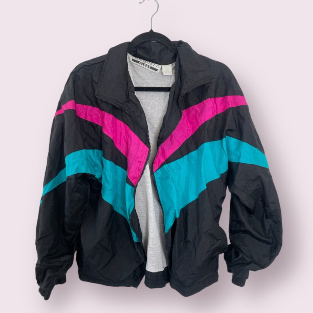 ⭐️ Vintage 80s Windbreaker Neon Hipster Artsy Trendy Stripe Lightweight Jacket